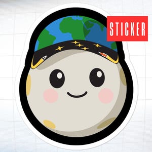 May include: A sticker featuring a cartoon moon wearing a baseball cap with a map of the Earth on it. The moon has a smiling face with rosy cheeks and large black eyes. The word "STICKER" is in a red rectangle.