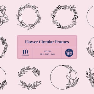 Può includere: Una collezione di dieci cornici circolari floreali in bianco e nero. I disegni presentano elementi botanici come foglie e fiori, su sfondo rosa. È presente il testo "Flower Circular Frames".