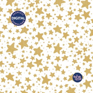 May include: A seamless digital pattern featuring gold-colored stars of varying sizes scattered across a white background. A circular badge in the top left reads SEAMLESS DIGITAL DOWNLOAD, and a small circular logo in the bottom right says By Sarah Lloyd.