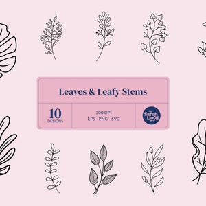 May include: A collection of ten black line art designs of leaves and leafy stems on a light pink background. The image includes a variety of botanical illustrations, with the text "Leaves & Leafy Stems" and "10 Designs".