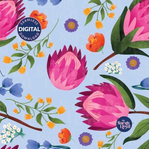 May include: A seamless digital pattern on a light blue background featuring pink protea flowers, orange blossoms, small purple flowers, white clusters, and green foliage. A circular badge reads SEAMLESS DIGITAL DOWNLOAD and By Sarah Lloyd.