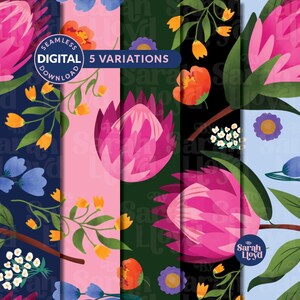 May include: Five seamless digital patterns featuring pink protea flowers, orange blossoms, small white clusters, and blue flowers on dark blue, pink, dark green, black, and light blue backgrounds. Text reads: SEAMLESS DIGITAL 5 VARIATIONS.