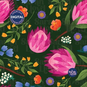 May include: A seamless digital pattern featuring large pink protea flowers, orange blossoms, small white clusters, and purple flowers on a dark green background. A circular badge reads Seamless Digital Download and another reads By Sarah Lloyd.