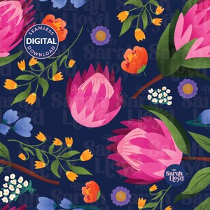 May include: A seamless digital download pattern featuring large pink protea flowers, orange blossoms, small purple flowers, and white clusters on a dark navy blue background. The design includes the text SEAMLESS DIGITAL DOWNLOAD and By Sarah Lloyd.