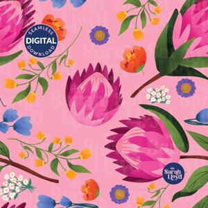 May include: A seamless digital pattern featuring vibrant pink protea flowers, orange blossoms, small blue flowers, and green foliage on a light pink background. A circular badge reads SEAMLESS DIGITAL DOWNLOAD and another reads By Sarah Lloyd.