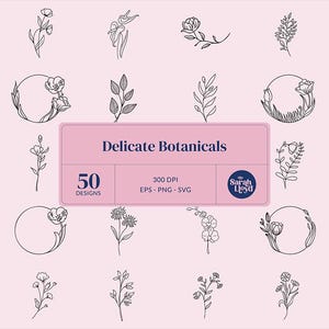 Puede incluir: Una colección de 50 diseños botánicos delicados en arte lineal negro sobre un fondo rosa claro. Los diseños incluyen varias flores, hojas y arreglos florales, con el texto "Delicate Botanicals" y otros detalles.