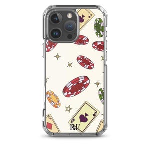 Funda transparente de lujo para iPhone con temática de póker: diseño de fichas de casino y naipes