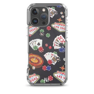 Funda para iPhone con temática de casino de Las Vegas: Ruleta, cartas y fichas de póker en negro