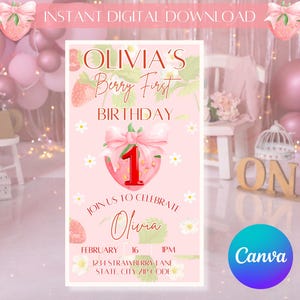 My Berry First Birthday Digital Invitation for Baby Girl Editable Template with Pink Strawberry Canva Instant Dowload Invitation
