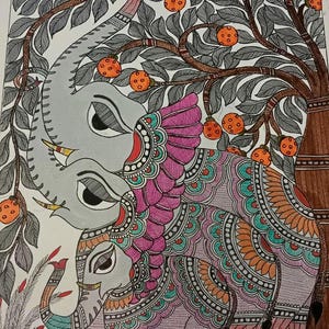 May include: An artistic illustration of two elephants under a tree with orange fruit. The elephants are gray with intricate, colorful patterns in pink, teal, and orange. The tree has gray leaves and brown branches.