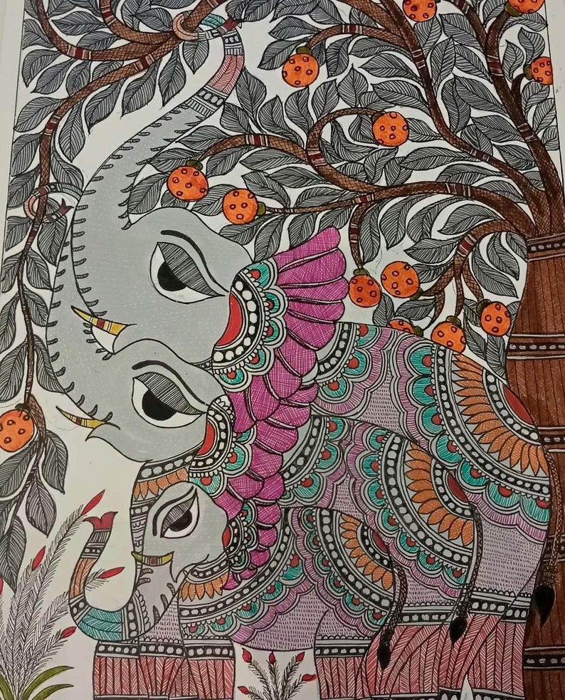 May include: An artistic illustration of two elephants under a tree with orange fruit. The elephants are gray with intricate, colorful patterns in pink, teal, and orange. The tree has gray leaves and brown branches.