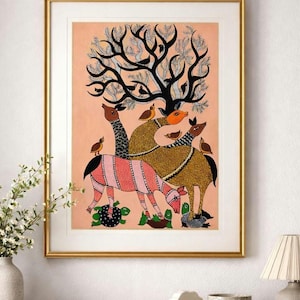 May include: Framed artwork featuring a stylized depiction of animals under a tree. The animals include a giraffe, deer, and others, with birds perched on them and the tree. The artwork is in a gold frame and has a peach-colored background.