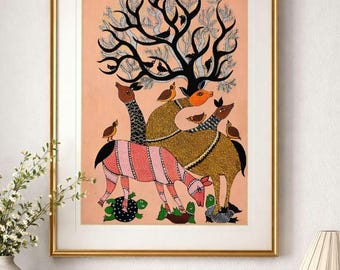 May include: Framed artwork featuring a stylized depiction of animals under a tree. The animals include a giraffe, deer, and others, with birds perched on them and the tree. The artwork is in a gold frame and has a peach-colored background.