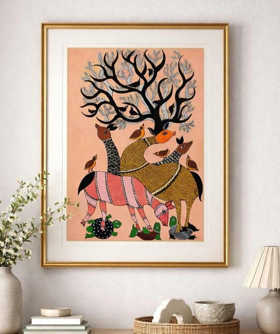 Gond Art Tree of Life Painting – Indian Folk Art, Deer & Birds
