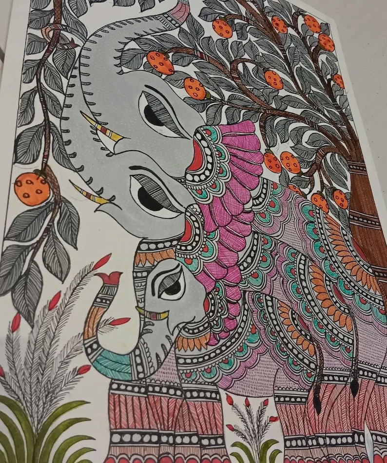 May include: An artistic illustration of two elephants under a fruit tree. The elephants are gray with intricate patterns in pink, orange, and teal. The tree has orange fruits and gray leaves, with a brown trunk. The artwork is on a white background.