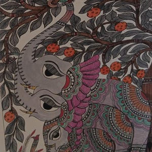 May include: A detailed illustration of two elephants under a tree with orange fruit. The elephants are gray with intricate patterns in pink, orange, and teal. The tree has dark leaves and brown branches, with the fruit scattered throughout.