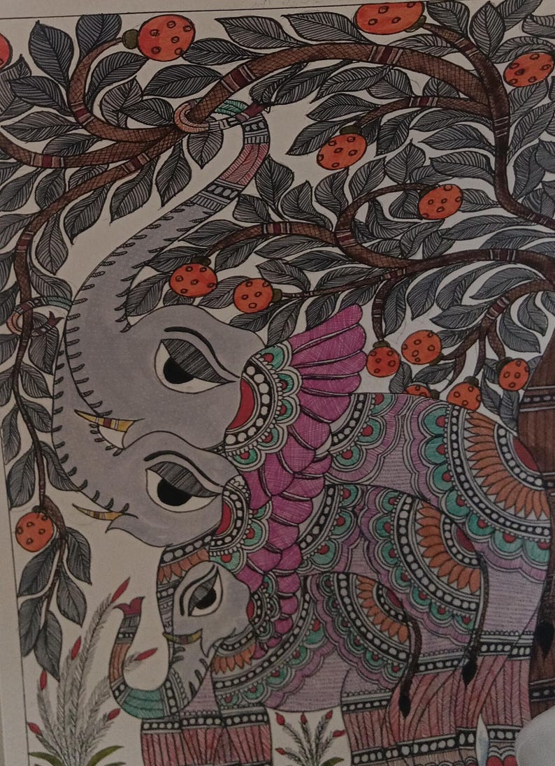 May include: A detailed illustration of two elephants under a tree with orange fruit. The elephants are gray with intricate patterns in pink, orange, and teal. The tree has dark leaves and brown branches, with the fruit scattered throughout.