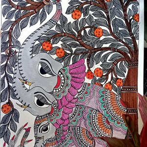 May include: A detailed illustration of two elephants under a fruit tree. The elephants are gray with intricate patterns in pink, orange, and teal. The tree has brown branches, gray leaves, and orange fruit. The artwork is on a white background.