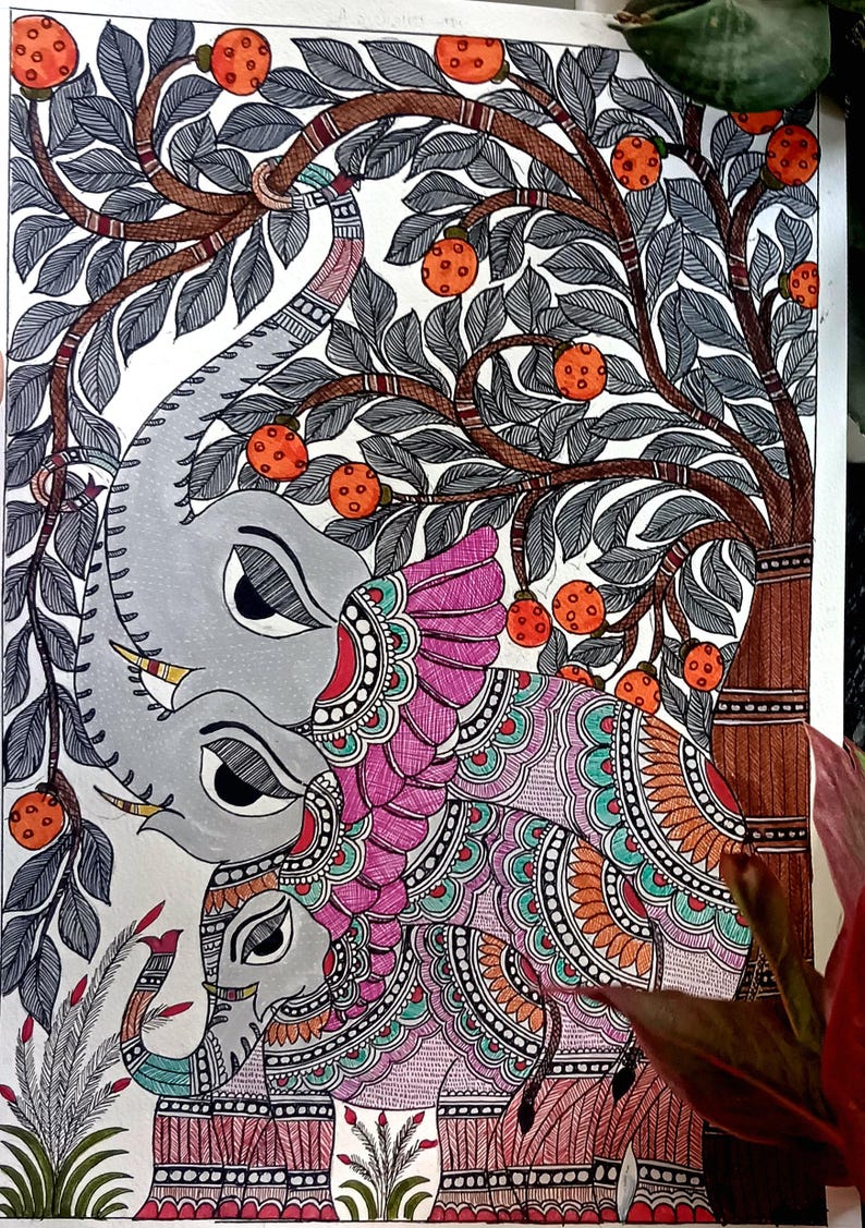 May include: A detailed illustration of two elephants under a fruit tree. The elephants are gray with intricate patterns in pink, orange, and teal. The tree has brown branches, gray leaves, and orange fruit. The artwork is on a white background.