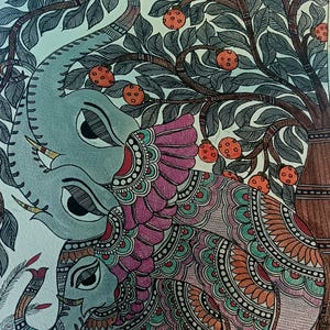 May include: An artistic illustration of two elephants under a tree with orange fruit. The elephants are gray with intricate patterns in pink, orange, and green. The tree has dark leaves and brown branches.