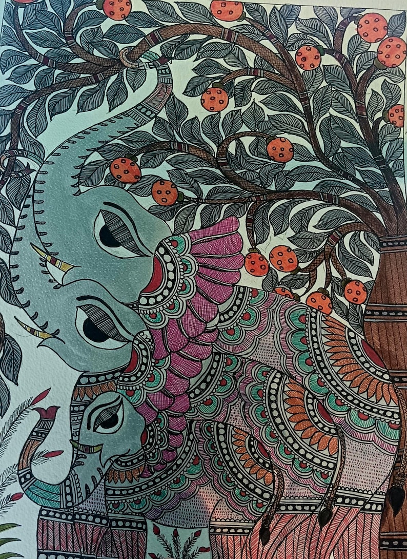 May include: An artistic illustration of two elephants under a tree with orange fruit. The elephants are gray with intricate patterns in pink, orange, and green. The tree has dark leaves and brown branches.