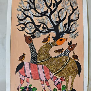May include: A colorful folk art painting featuring stylized animals and birds under a tree. The animals have patterned bodies in shades of pink, gold, and brown. Birds perch on the animals and in the tree, set against a peach background.