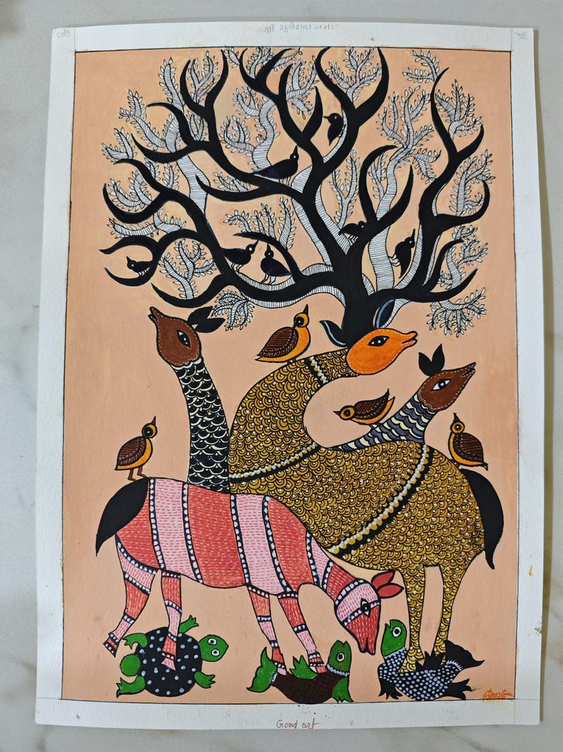 May include: A colorful folk art painting featuring stylized animals and birds under a tree. The animals have patterned bodies in shades of pink, gold, and brown. Birds perch on the animals and in the tree, set against a peach background.
