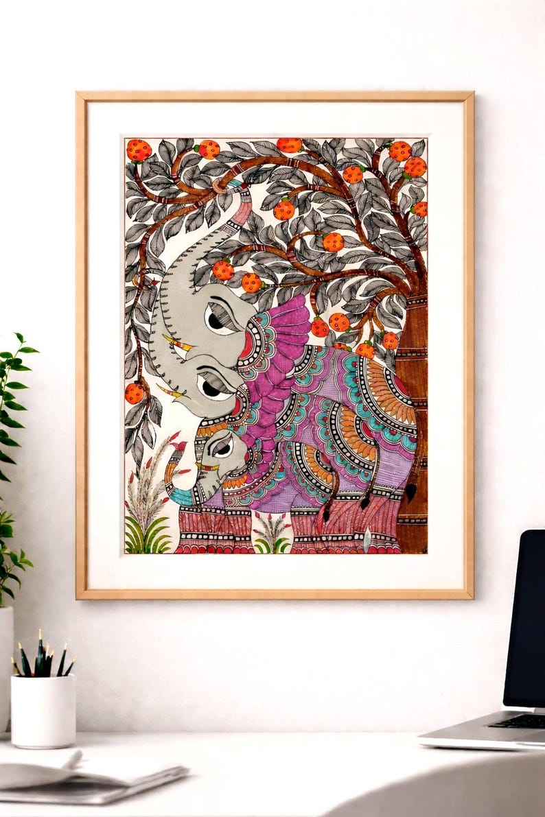 Hand-painted Madhubani Elephant Art- Traditional Indian Folk Painting On Paper| Size- A3 image 5
