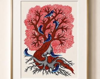 Handmade Madhubani Tree of Life Artwork | Blue Birds Folk Art Wall Decor (A3)