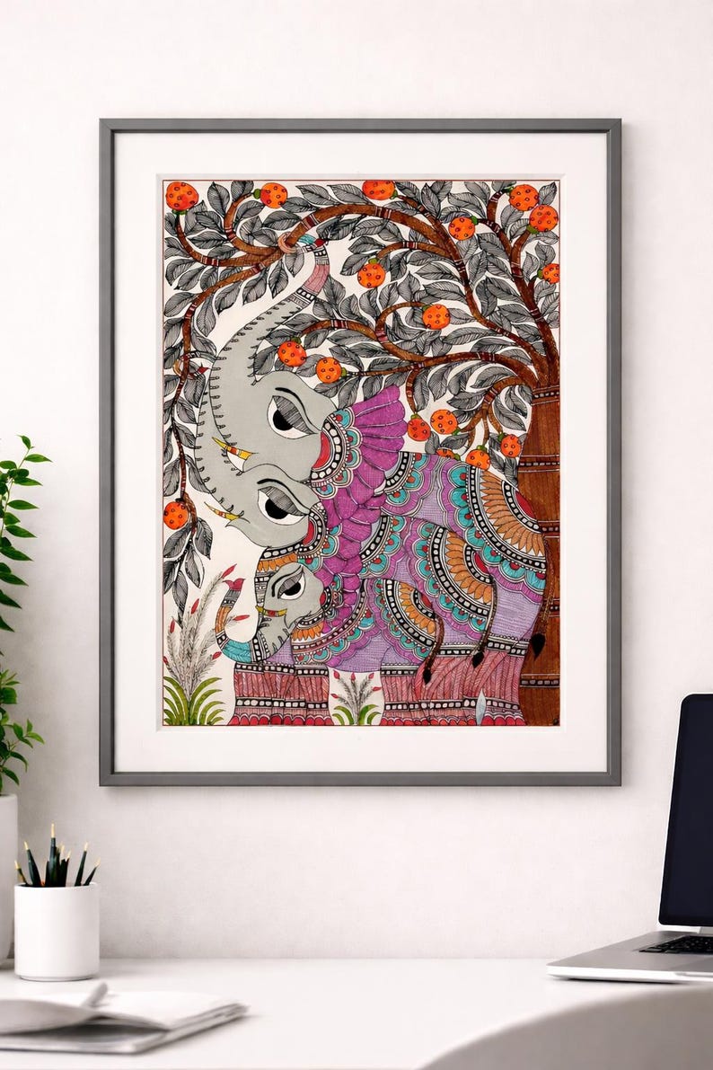 Hand-painted Madhubani Elephant Art- Traditional Indian Folk Painting On Paper| Size- A3 image 1