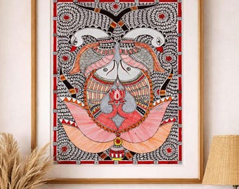 Hand-painted Madhubani Folk Art- Twin-Birds, Fishes with Lotus Wall Art | Indian decor| Size A3