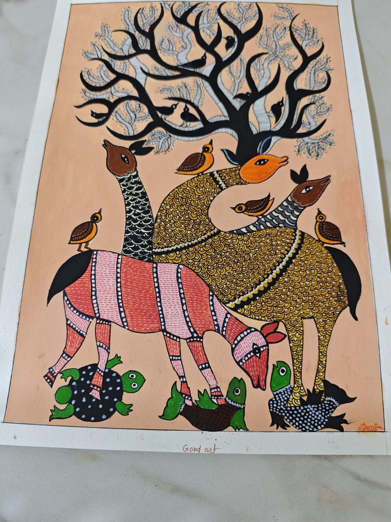 May include: A colorful Gond art painting featuring stylized animals and birds under a tree. The artwork includes a red and white striped animal, turtles, and creatures with patterned bodies and long necks. The background is a peach color.