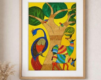 Gond Tree of Life Art – Indian Folk Painting with Peacock, Deer & Birds