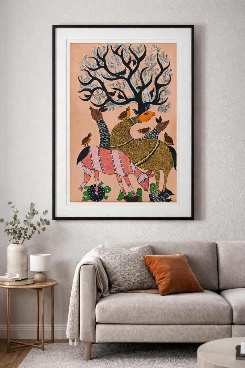 May include: A framed artwork featuring a stylized depiction of animals and birds under a tree. The artwork uses a warm color palette with pink, brown, and green accents. The animals have patterned designs, and the tree has a unique, abstract shape.