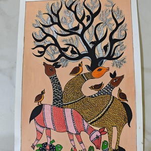 May include: A colorful Gond art painting featuring stylized animals and birds under a black tree with white leaves. The animals include a pink and white striped creature, and others with brown, orange, and gold patterns. Green turtles are at the bottom.