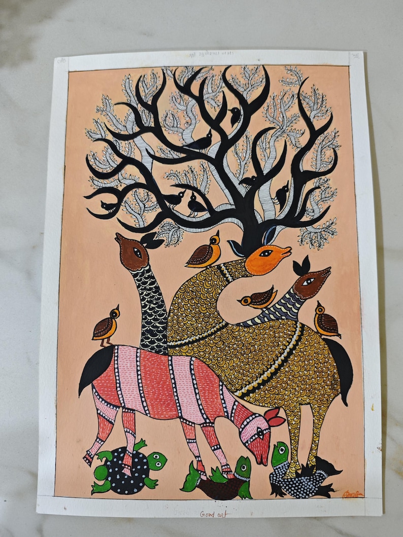 May include: A colorful Gond art painting featuring stylized animals and birds under a black tree with white leaves. The animals include a pink and white striped creature, and others with brown, orange, and gold patterns. Green turtles are at the bottom.