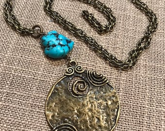 Necklace Turquoise Nugget Long Brass Pendant