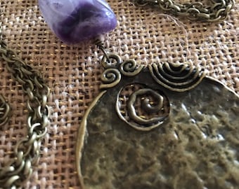 Necklace Amethyst Nugget Long Brass Pendant