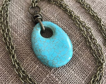 Turquoise Magnesite Pendant Necklace on Brass Chain
