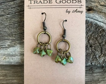 Brass Earrings with Turquoise Glass Beads Clustered on Delicate Brass Loops