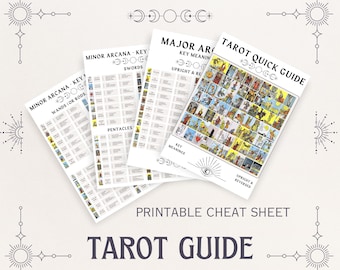May include: Printable tarot cheat sheet guide with images of all 78 cards. The guide includes the major arcana, minor arcana, wands, swords, and pentacles.