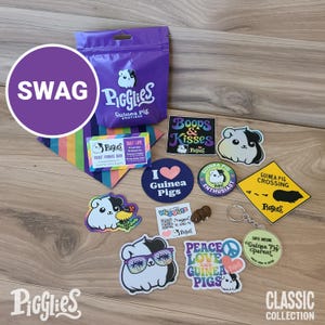 May include: A collection of guinea pig-themed merchandise, including stickers, a purple bag, a bandana, and a keychain. The stickers feature various designs, such as guinea pigs with sunglasses and the text "Guinea Pig Crossing."
