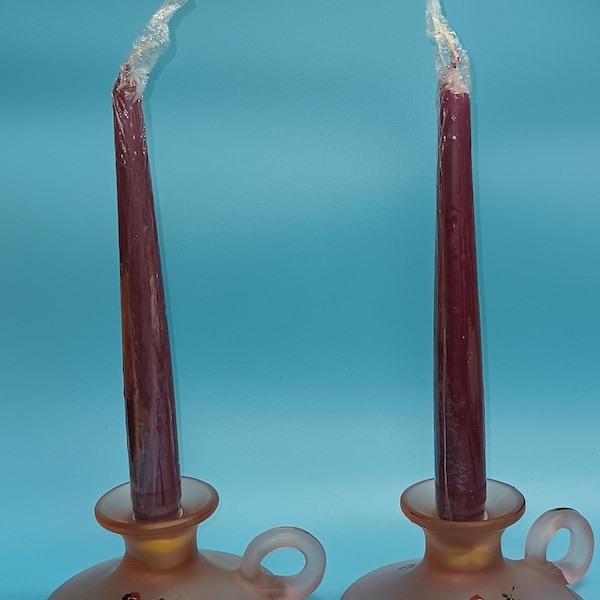 Pink Frosted Glass Finger Hold Candlestick Holders Hand Painted Parrots #E2228