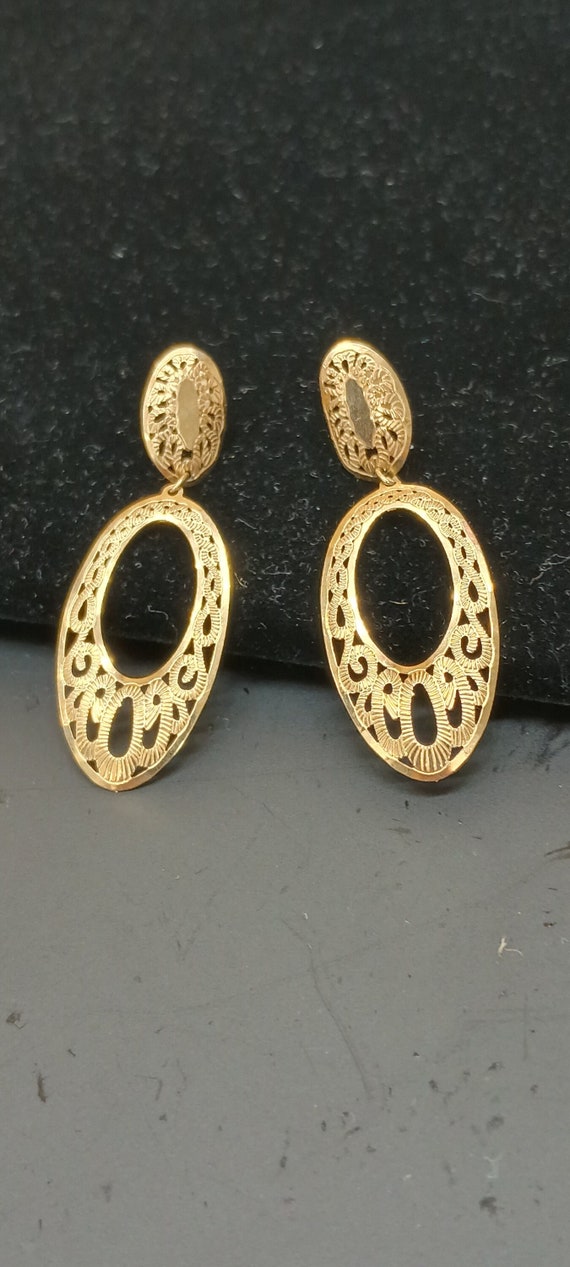 14k,Gold Filigree Lace Drop Earrings, Pierced with
