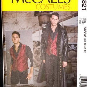 May include: McCall's Costumes pattern M7821. The image shows a man in a costume, wearing a long black coat, a red vest, and black pants. The pattern includes sizes MWW (38-40-42-44).
