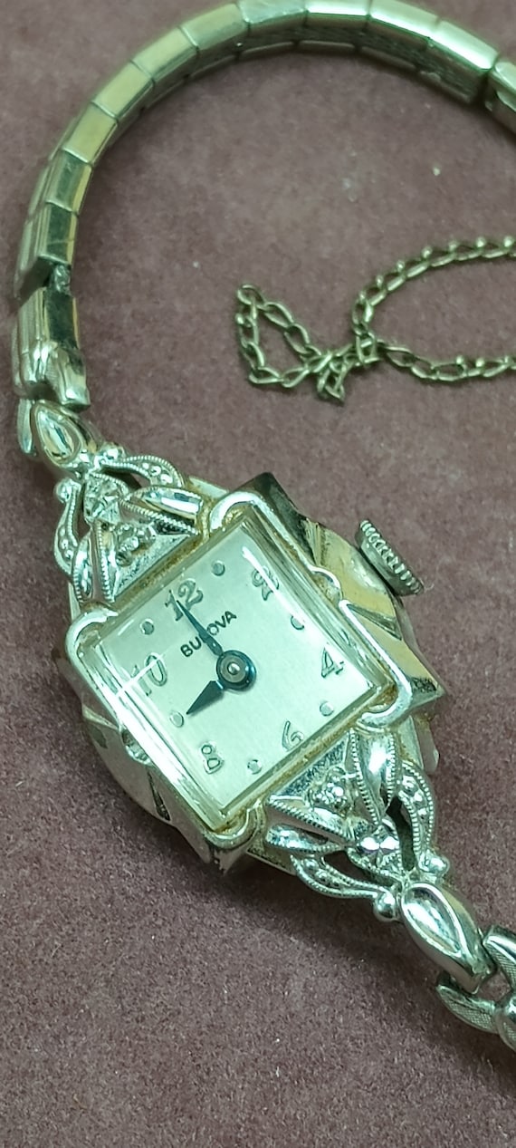 Vintage Bulova Ladies Wrist Watch 10k White Rolle… - image 4