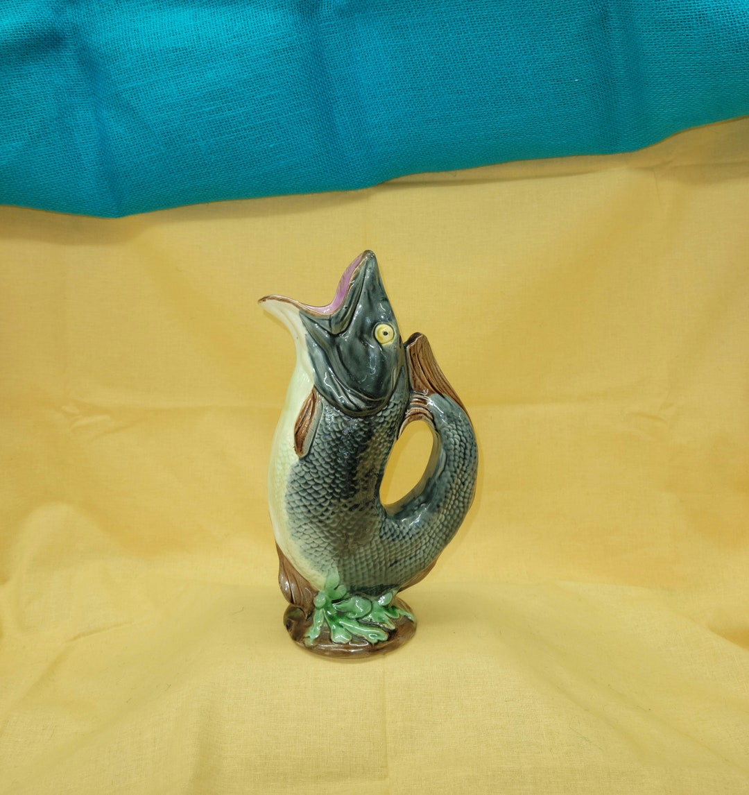 Colorful Antique Majolica Gurgling Trout Jug 19C Fish Pitcher Ewer, Oak