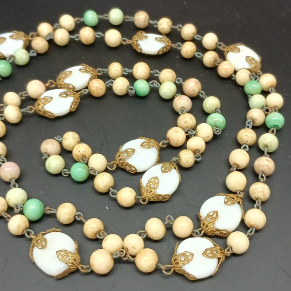 Vintage African Jade with Molded Art Glass Necklace, Brass Bead Caps Flapper Length#J64