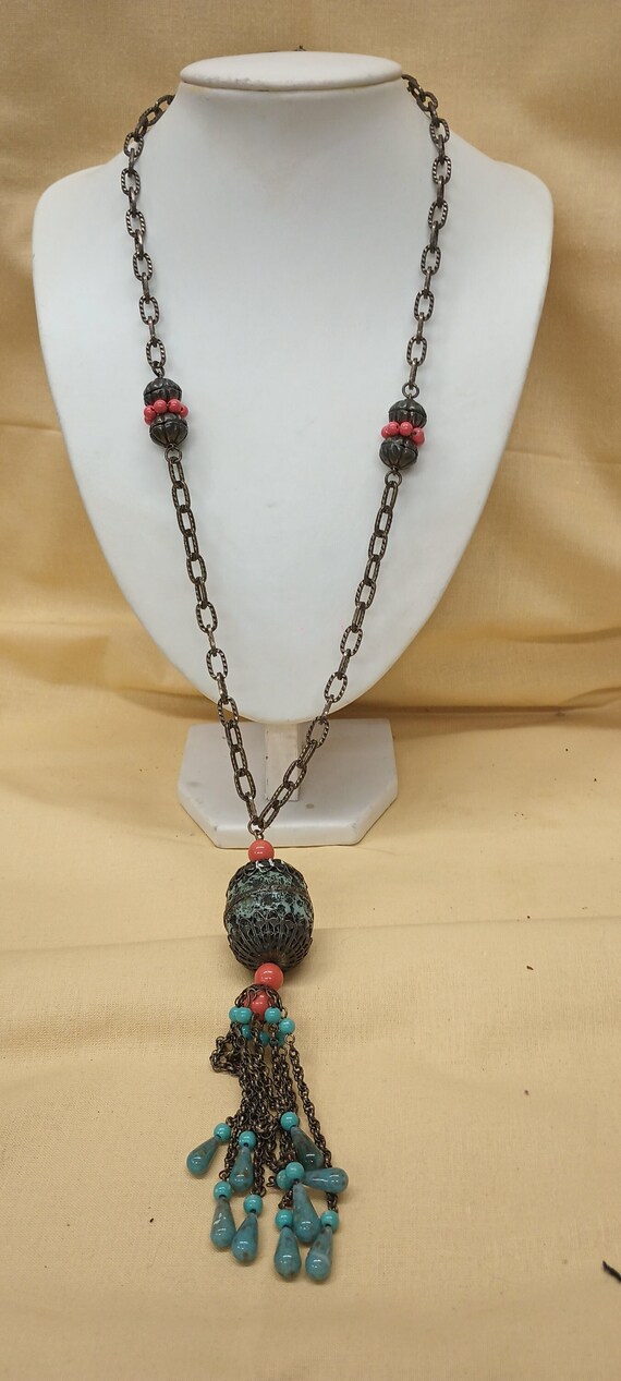 Boho Tribal Flair Vintage Necklace, Art Glass Tas… - image 1