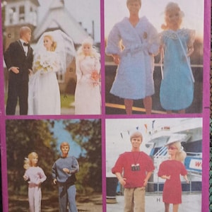 May include: A vintage sewing pattern for making doll clothes. The pattern is for a doll that is one size. The pattern includes instructions for making a wedding dress, a robe, a casual outfit, and a dress. The pattern is designed by Wendy Everett.